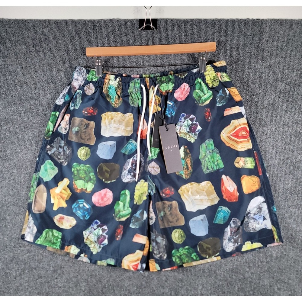 AKOO Shorts Mens XL Crystal All Over Print Drawstrings Pockets 6'' Inseam NWT
